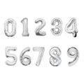 A collection of silver number balloons, inflationed and displayed against a white background, representing the numbers 0 through 9.
