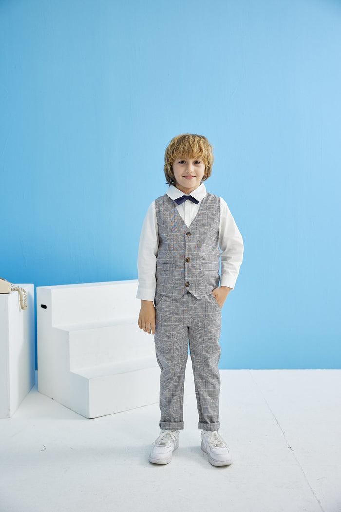 4-Piece Boy Classic Gray Checkered Gentleman Suit (3 Colors)