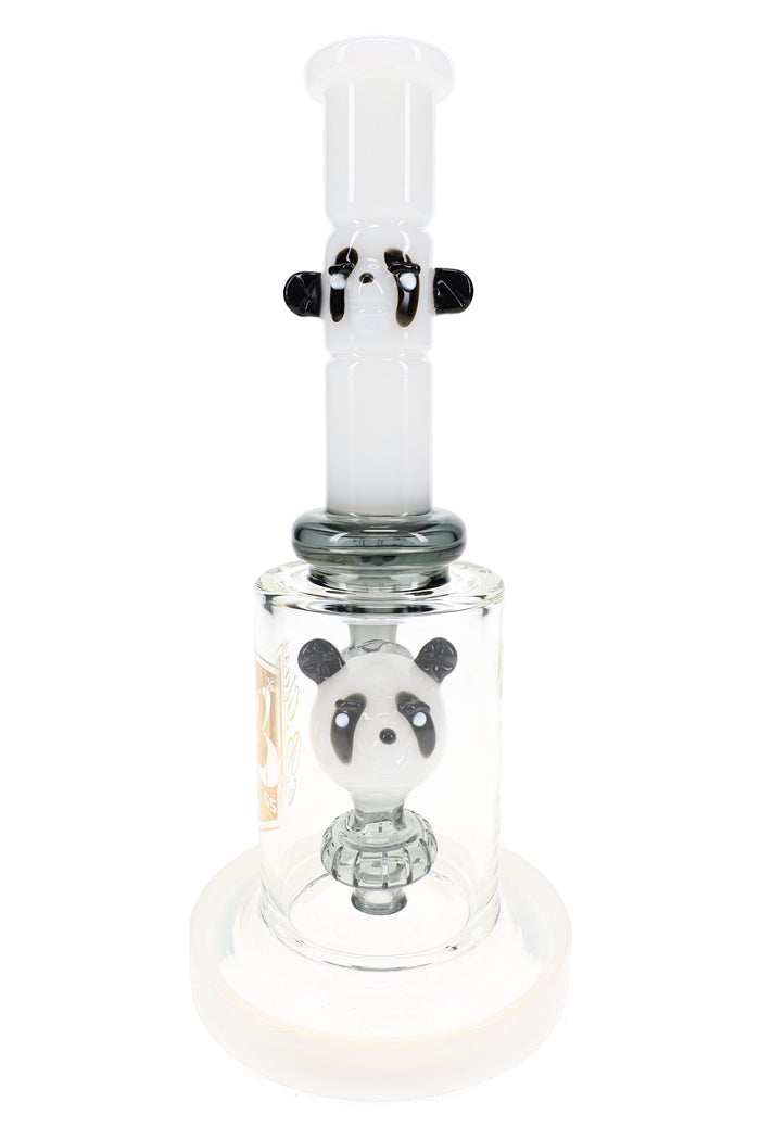 White 6B Glass panda dab rig with black ears, showerhead perc, and straight shooter neck