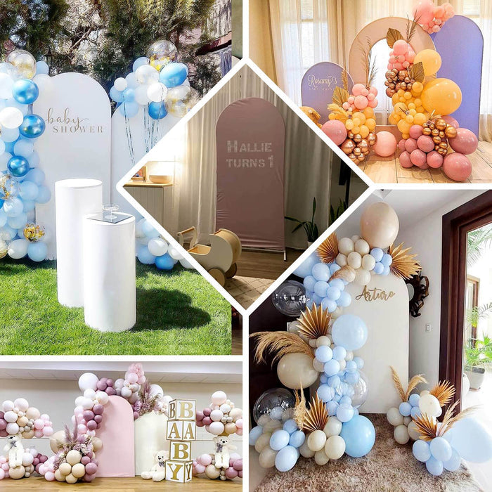 Colorful balloon decorations for baby showers and celebrations in various settings.
