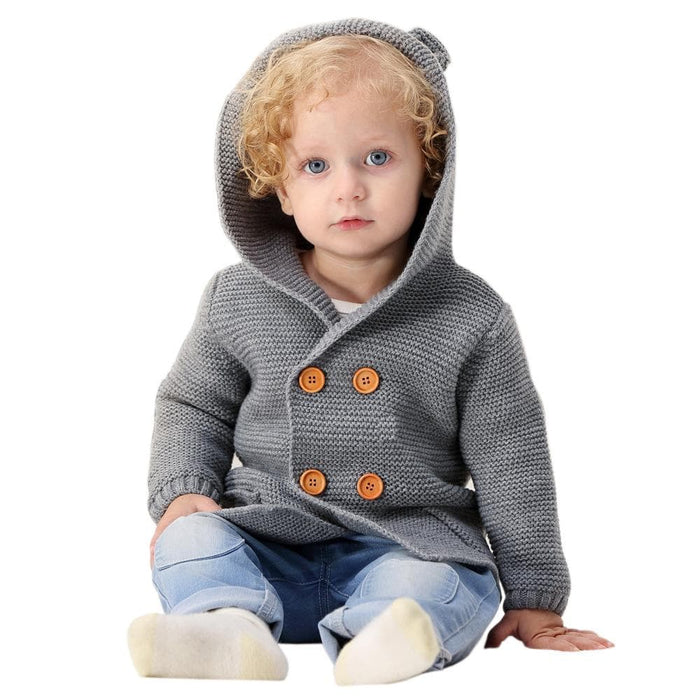 Baby Boy Knit Button-Up Sweater with Bear Ears Hoodie (4 Colors)