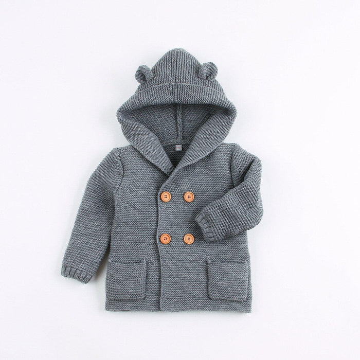 Baby Boy Knit Button-Up Sweater with Bear Ears Hoodie (4 Colors)