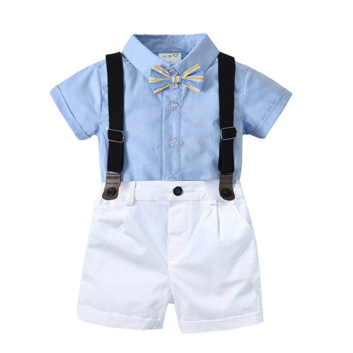 Baby Boy Party Outfit Bow Tie + Blue Dress Shirt and Suspender Shorts Set