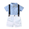 Baby Boy Party Outfit Bow Tie + Blue Dress Shirt and Suspender Shorts Set