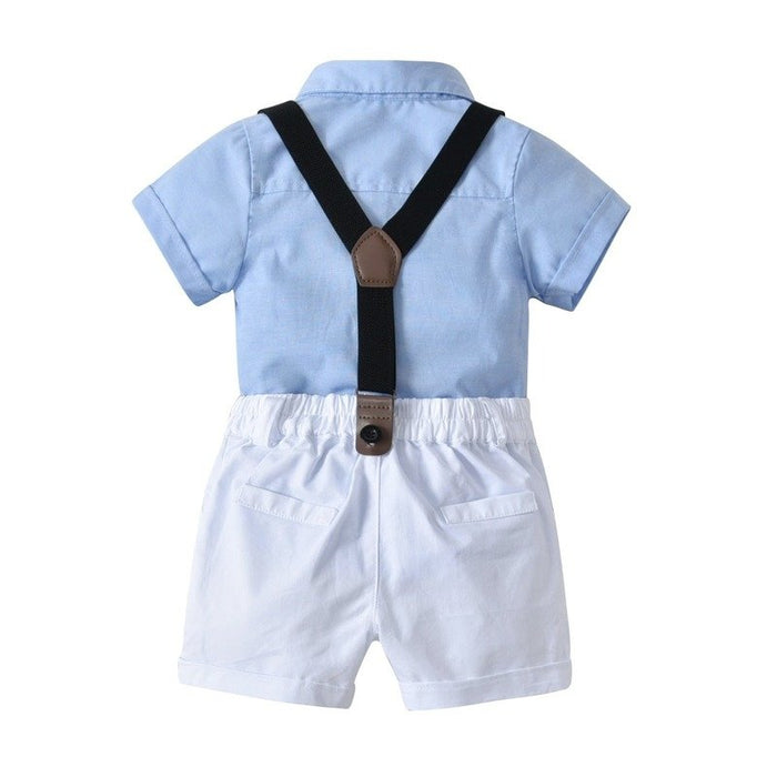 Baby Boy Party Outfit Bow Tie + Blue Dress Shirt and Suspender Shorts Set