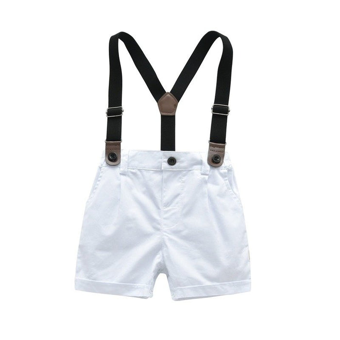 Baby Boy Party Outfit Bow Tie + Blue Dress Shirt and Suspender Shorts Set