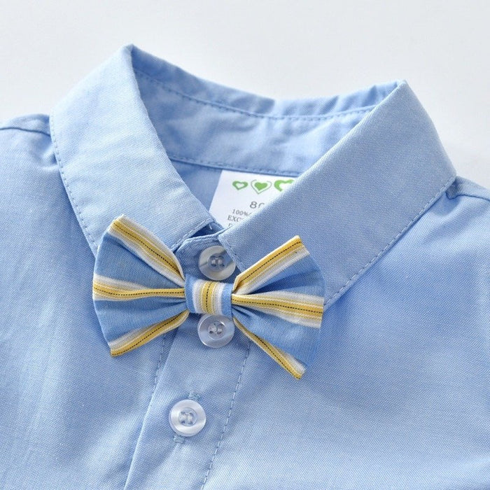 Baby Boy Party Outfit Bow Tie + Blue Dress Shirt and Suspender Shorts Set