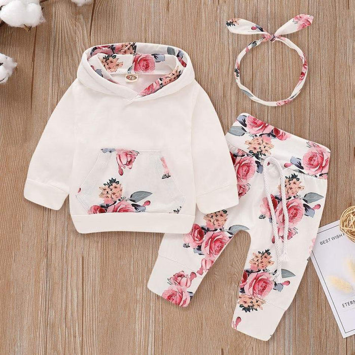 Baby Girl Floral Hoodie, Pants and Headband Set