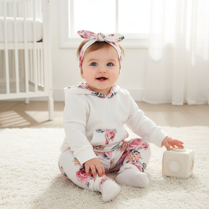 Baby Girl Floral Hoodie, Pants and Headband Set