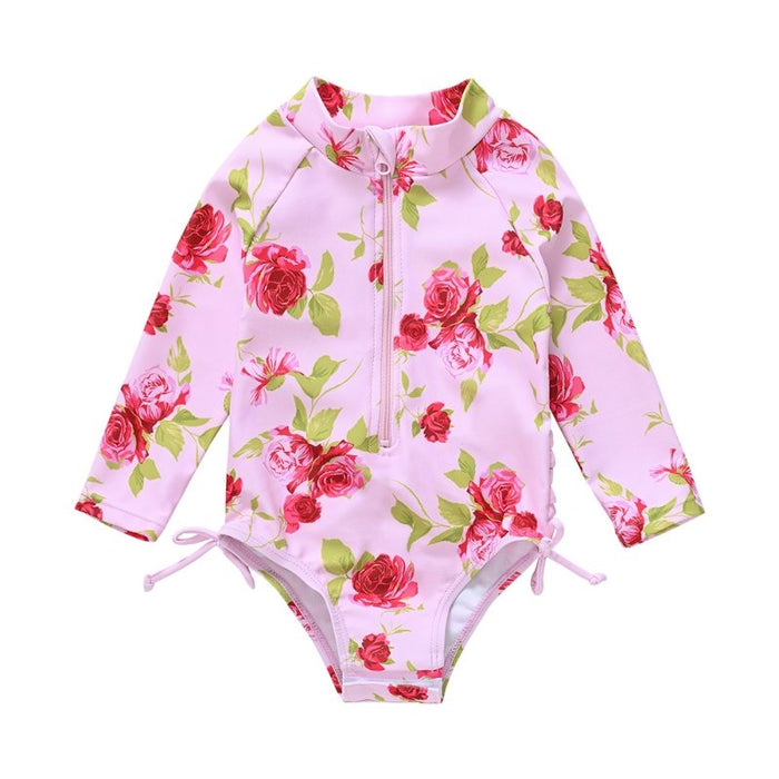 Baby Girl Florals + Patterns Print Long Sleeve One-Piece Swimsuit (5 Designs)