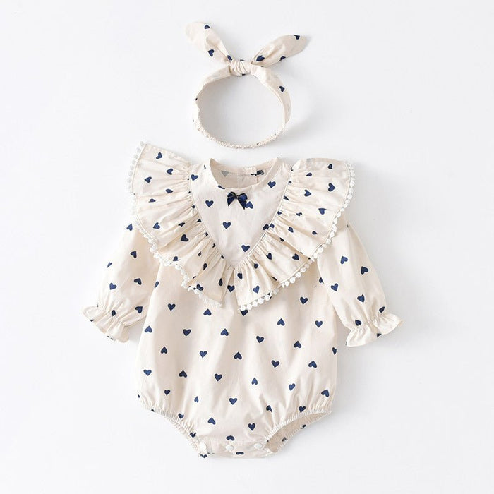 Baby Girl Hearts Print Ruffle Details Long Sleeve Onesie