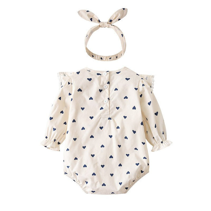 Baby Girl Hearts Print Ruffle Details Long Sleeve Onesie