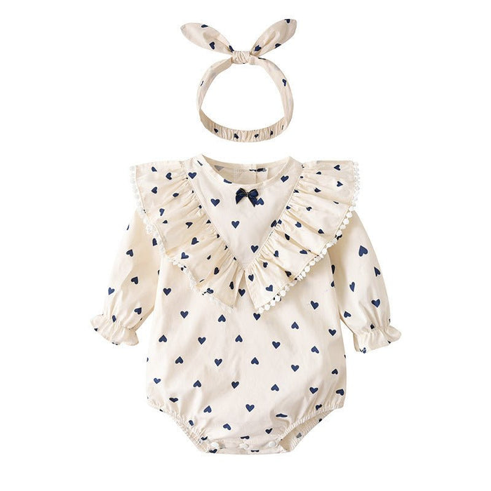 Baby Girl Hearts Print Ruffle Details Long Sleeve Onesie