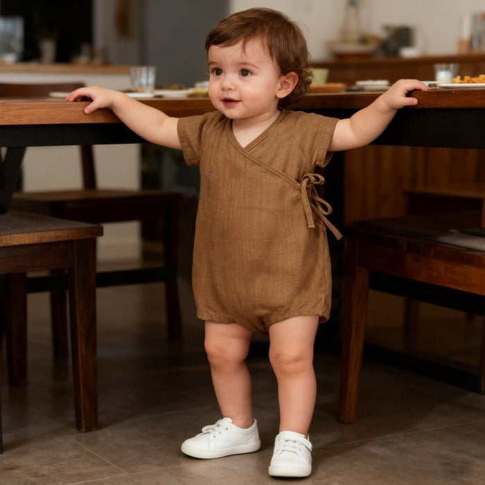 Baby Linen Wrap Tie Short Sleeve Romper