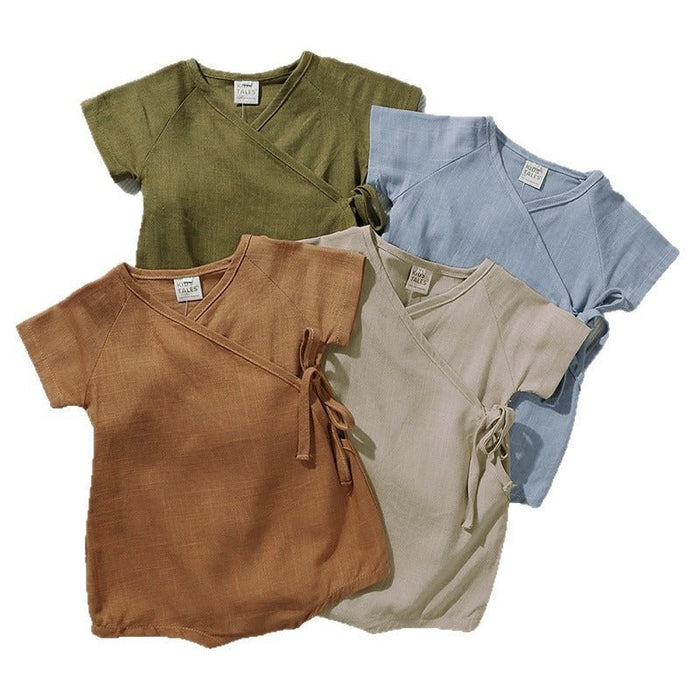 Baby Linen Wrap Tie Short Sleeve Romper