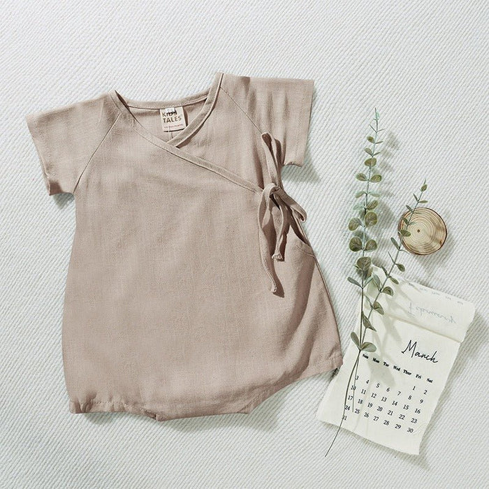 Baby Linen Wrap Tie Short Sleeve Romper