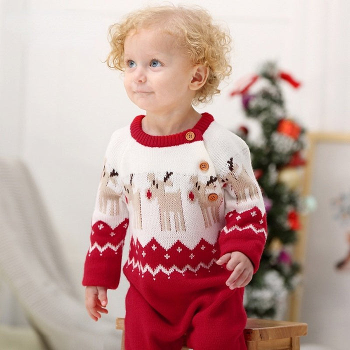 Baby's Solid Knit Long-sleeve Christmas Jumpsuit