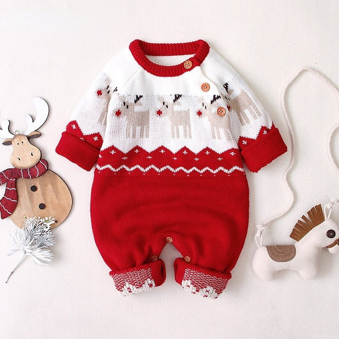 Baby's Solid Knit Long-sleeve Christmas Jumpsuit