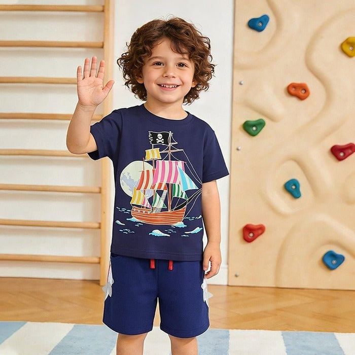 Children's Short-Sleeve Sailing Boat Cartoon Print Set