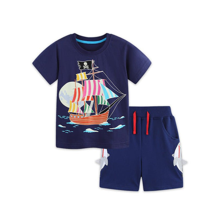 Children's Short-Sleeve Sailing Boat Cartoon Print Set