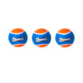Three Chuckit! Cannon Ball Small Dog Toy Balls for Fetch, 3 Pack by Chuckit! are arranged in a row on a white background, perfect small rubber fetch balls designed for use with the Chuckit! Ultra Cannon launcher.