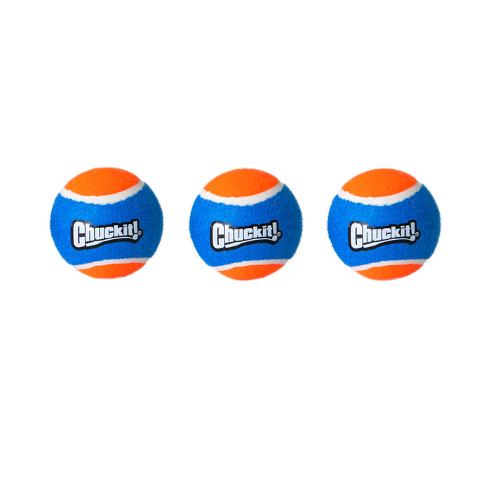 Three Chuckit! Cannon Ball Small Dog Toy Balls for Fetch, 3 Pack by Chuckit! are arranged in a row on a white background, perfect small rubber fetch balls designed for use with the Chuckit! Ultra Cannon launcher.