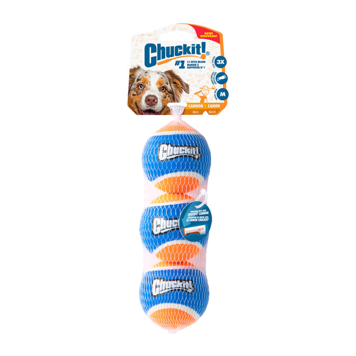 The Chuckit! Cannon Ball Small Dog Toy Balls for Fetch, 3 Pack by Chuckit! includes three blue and orange balls in a mesh bag, ideal for fetch games and compatible with the Chuckit! Ultra Cannon launcher.