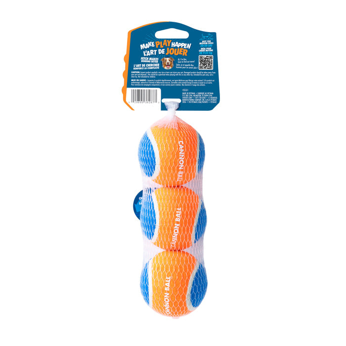 The Chuckit! Cannon Ball Small Dog Toy Balls for Fetch, 3 Pack by Chuckit! includes three orange and blue small balls in a mesh bag with a product label—perfect for use with the Chuckit! Ultra Cannon launcher.