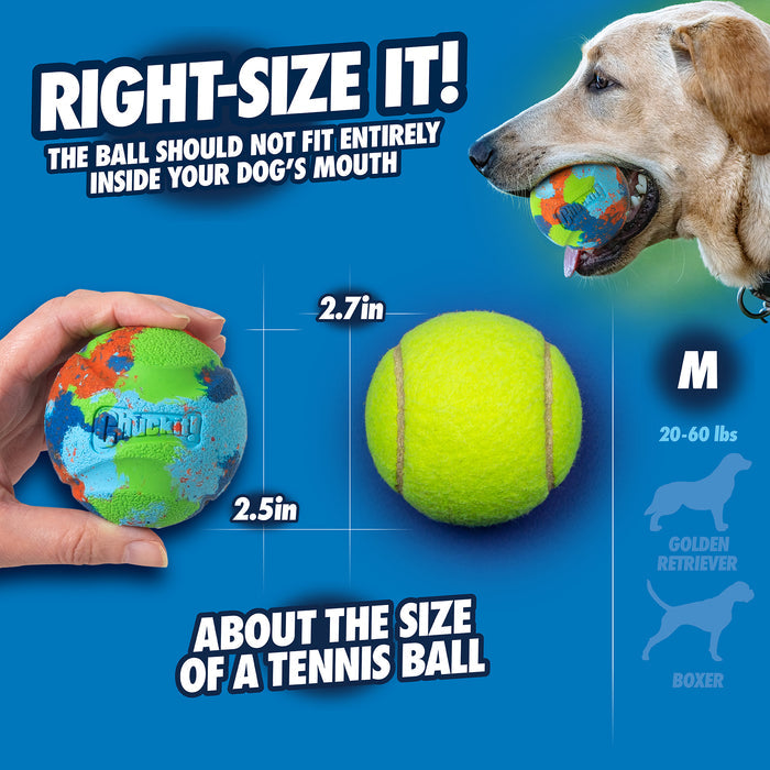 A hand holds the Chuckit! EcoFetch Sport 18M Launcher by Chuckit! with a recycled rubber ball (2.5"), shown next to a 2.7" tennis ball. Suitable for medium dogs (20–60 lbs). Choose a ball too large to fit fully in your dog's mouth for safety.