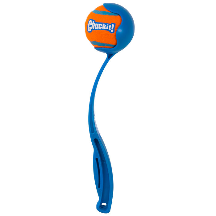 The Chuckit! Sport Launcher & Fetch Toy Set by Chuckit is a blue dog ball launcher with a curved, ergonomic rubber handle for easy grip. It includes an orange Chuckit! tennis ball and offers hands-free pickup, simplifying playtime.