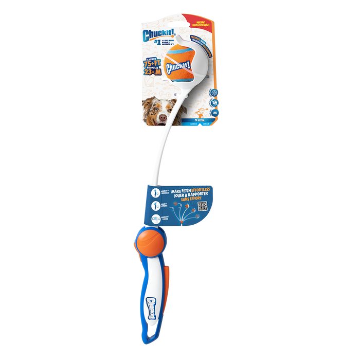 A Chuckit! Ultra Ball Launcher 18" Medium by Chuckit!, featuring an orange and blue handle and an orange and white tennis ball, is shown in packaging with a dog image and Chuckit! branding against a white background.