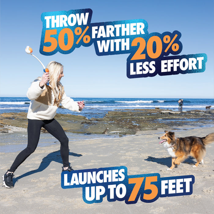 A woman uses the Chuckit! Ultra Ball Launcher 18" Medium by Chuckit! to throw a ball for her dog on the beach. Text on image: Throw 50% farther, 20% less effort, launches up to 75 ft. Includes medium tennis ball for fun fetch games.