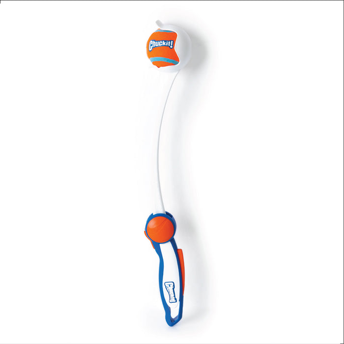 The Chuckit! Ultra Ball Launcher 18" Medium features a curved handle and comes with a tennis ball. Both the launcher and ball display the Chuckit! brand logo in orange, blue, and white colors.
