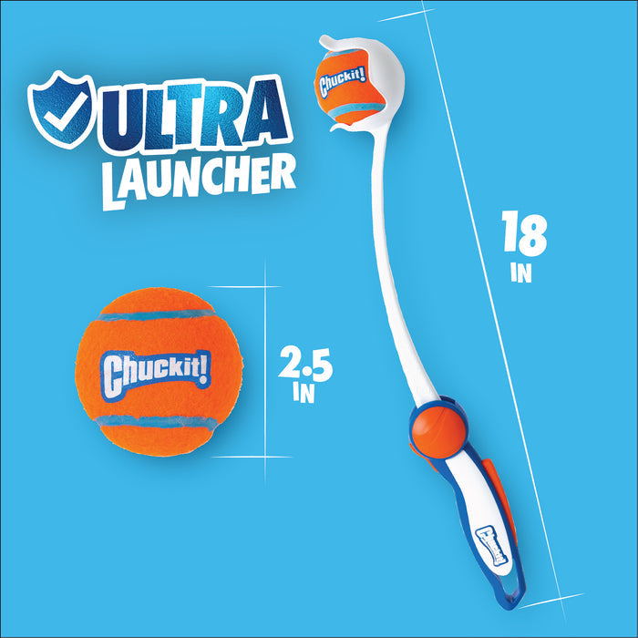 The Chuckit! Ultra Ball Launcher 18" Medium by Chuckit! includes a 2.5-inch tennis ball and features a blue and orange design, shown on a blue background with Ultra Launcher text—perfect fetch toy for active dogs.