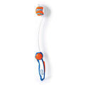 The Chuckit! Ultra Launcher with Ultra Ball 18M by Chuckit! is a blue and white dog ball launcher that includes an orange and white rubber ball, designed for long-distance fetching.