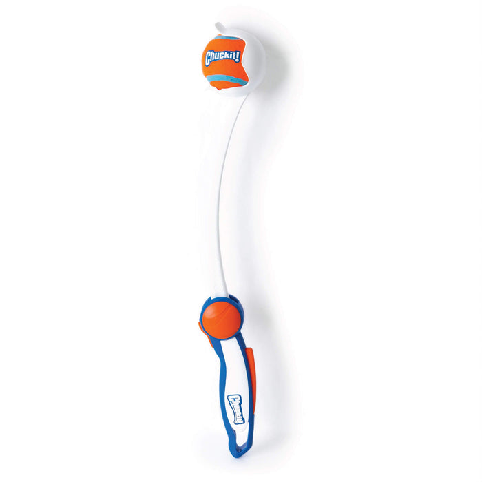 The Chuckit! Ultra Launcher with Ultra Ball 18M by Chuckit! is a blue and white dog ball launcher that includes an orange and white rubber ball, designed for long-distance fetching.