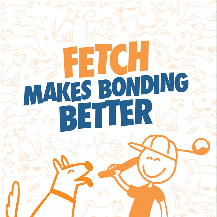 A cartoon child with a stick stands beside a happy dog. Bold orange and blue text reads "Fetch makes bonding better." The background features playful dogs, frisbees, and Chuckit! Ultra Launcher with Ultra Ball 18M by Chuckit!.