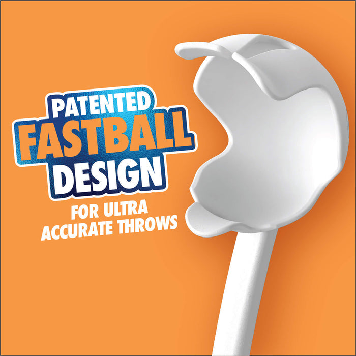 The Chuckit! Ultra Launcher with Ultra Ball 18M by Chuckit! features a unique curved white plastic design for ultra accurate throws, shown on an orange background beside the text “Patented Fastball Design for Ultra Accurate Throws.”.