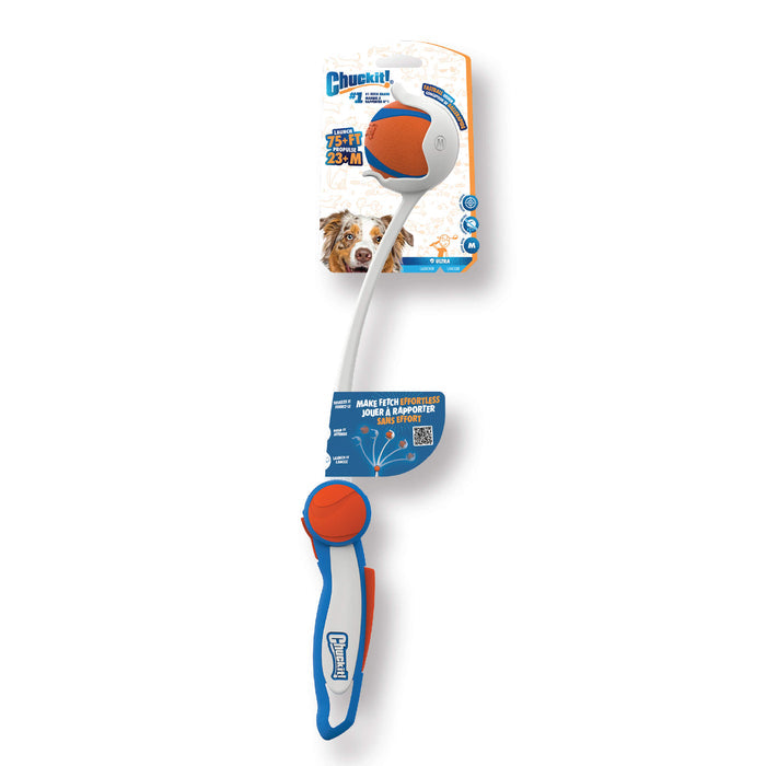 The Chuckit! Ultra Launcher with Ultra Ball 18M by Chuckit! features a medium orange and blue fetch ball and a launcher, perfect for active play with your dog.