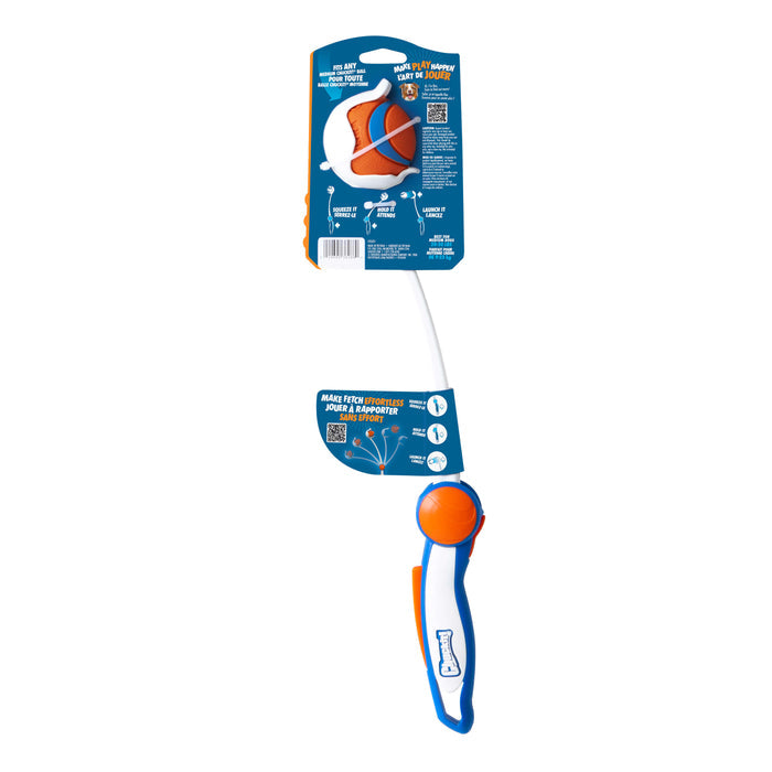 The Chuckit! Ultra Launcher with Ultra Ball 18M by Chuckit! features a blue and white launcher holding an orange and white ball, displayed in its original packaging with product info and instructions printed on a blue cardboard backing.