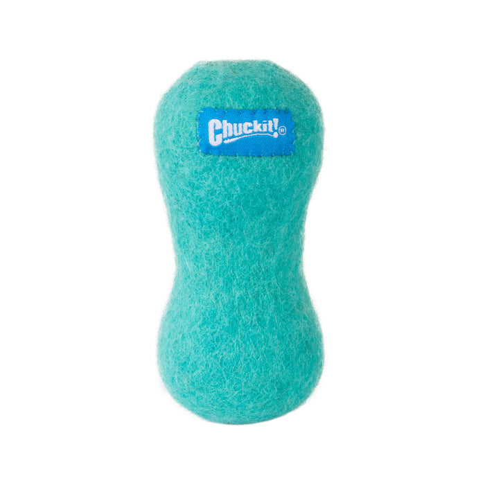 A blue-green, peanut-shaped Chuckit! Wool-ee Bone dog toy with a fuzzy texture and a blue Chuckit! label in the center, shown on a plain white background.