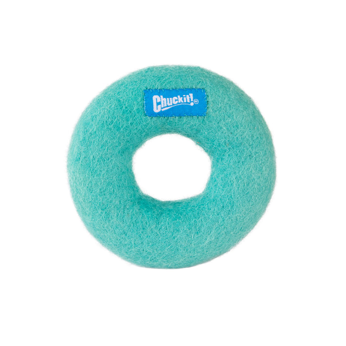 The Chuckit! Wool-ee Ring by Chuckit! is a turquoise, donut-shaped dog toy made from natural wool with a fuzzy texture and blue label—an eco-friendly pick your pup will love.