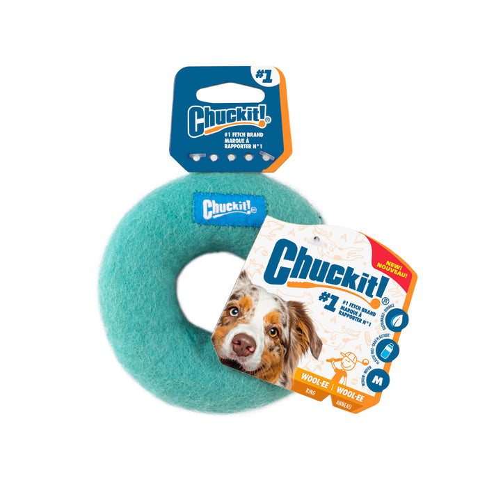 The Chuckit! Wool-ee Ring is a blue, M-size ring-shaped dog toy made from natural wool, featuring eco-friendly materials and packaging with a dog's face, product info, "#1 Fetch Brand," and "Woolly Wheel.