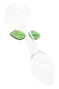 Clear 7″ leaf glass oil burner pipe with rounded chamber, straight stem, and green glass leaf accents
