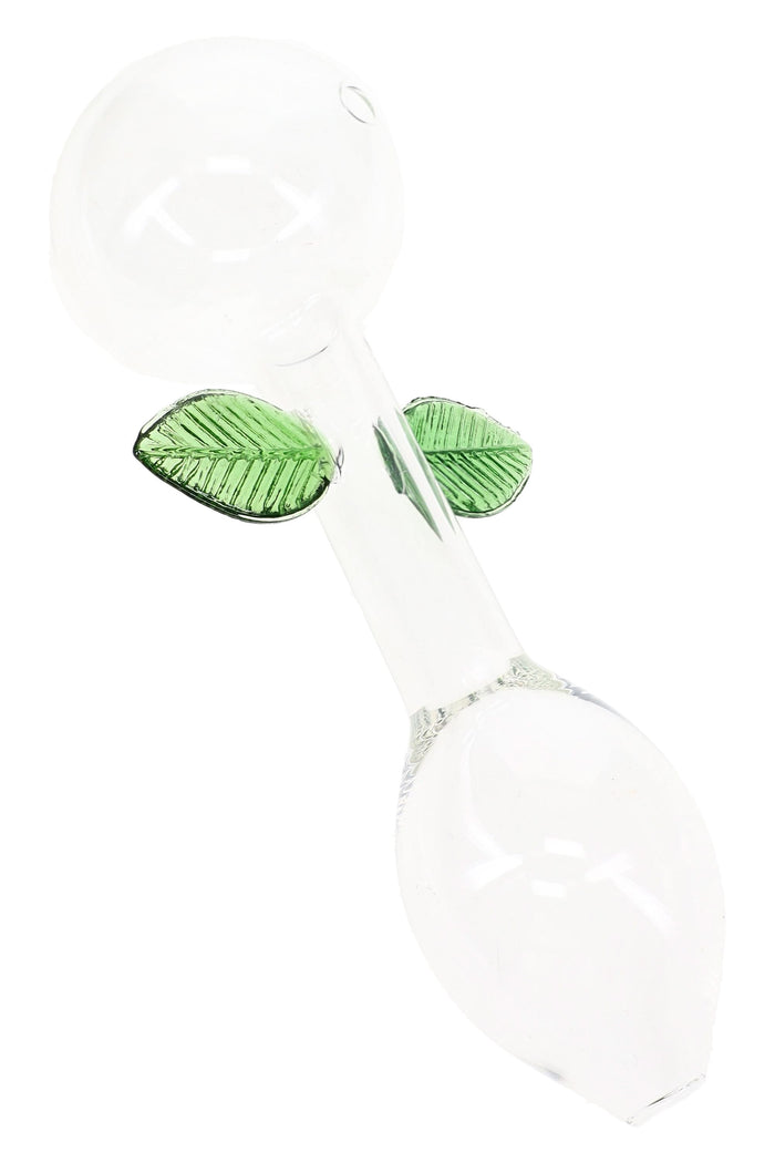 Clear 7″ leaf glass oil burner pipe with rounded chamber, straight stem, and green glass leaf accents
