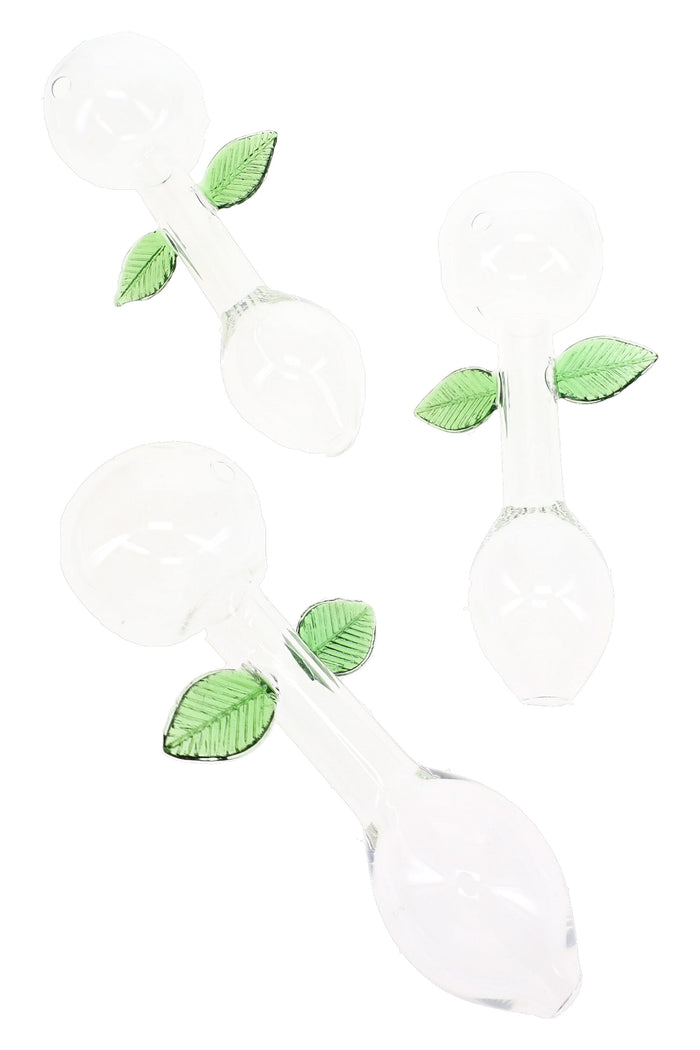 Three clear 7″ glass oil burner pipes with green leaf accents, rounded bulbs, and straight stems