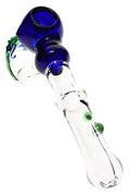 Side angle of clear glass hammer bubbler with raised lizard accent, blue bowl, and curved mouthpiece