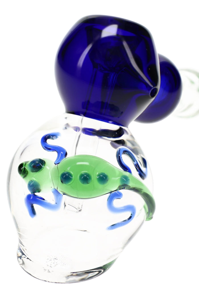 7″ clear glass hammer bubbler with blue bowl and colorful raised lizard design on the body