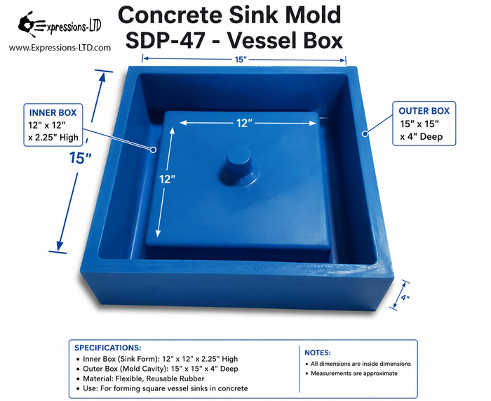 Concrete Sink Mold SDP-47 Vessel Box (15"x15"x4") PNL Liners