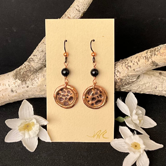 Copper rimmed with Steel Inlay and Onyx Beads Earring #311